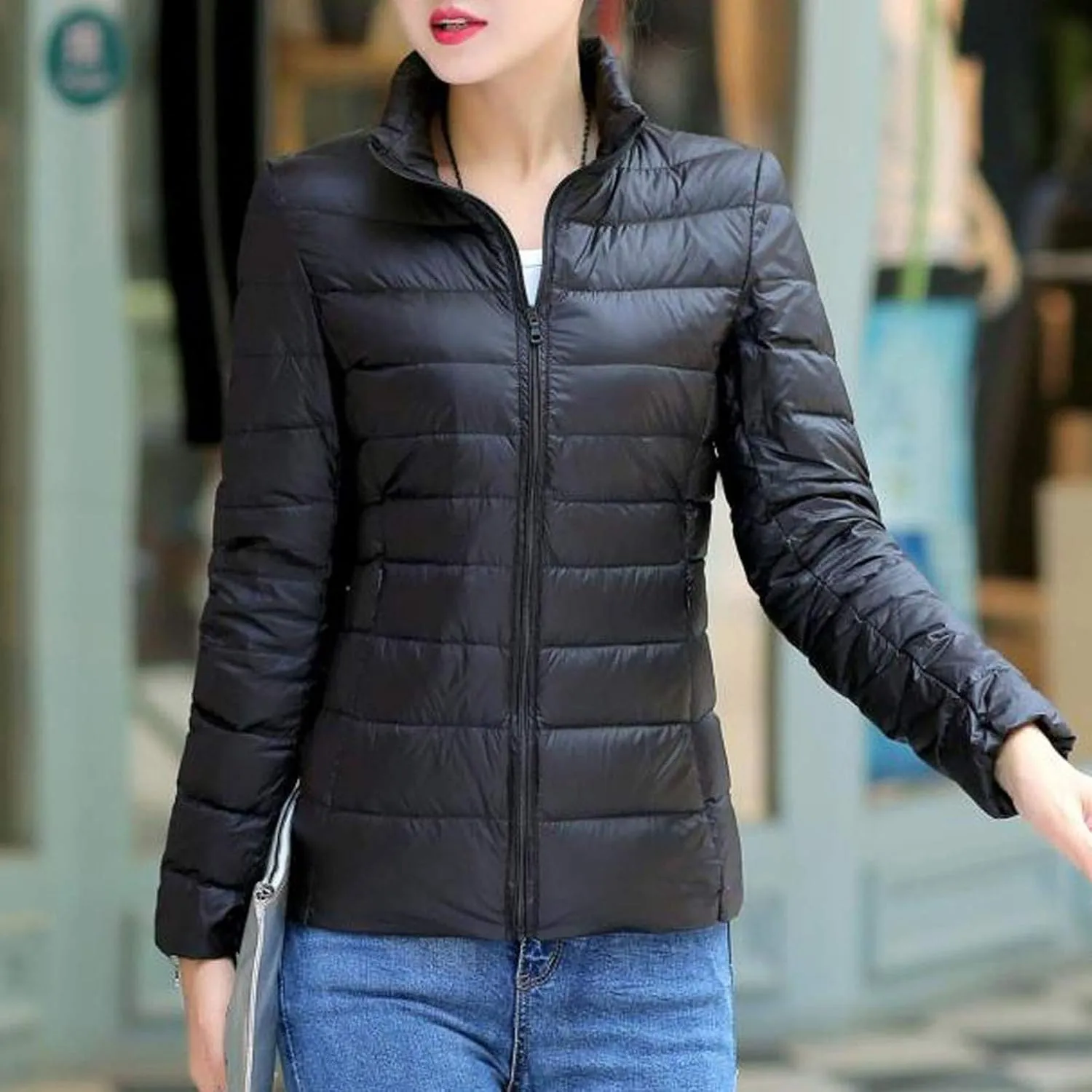 Women's Puffer Jacket Lightweight Stand Collar Coat Zip up down Jackets Winter Warm Outerwear with Pockets