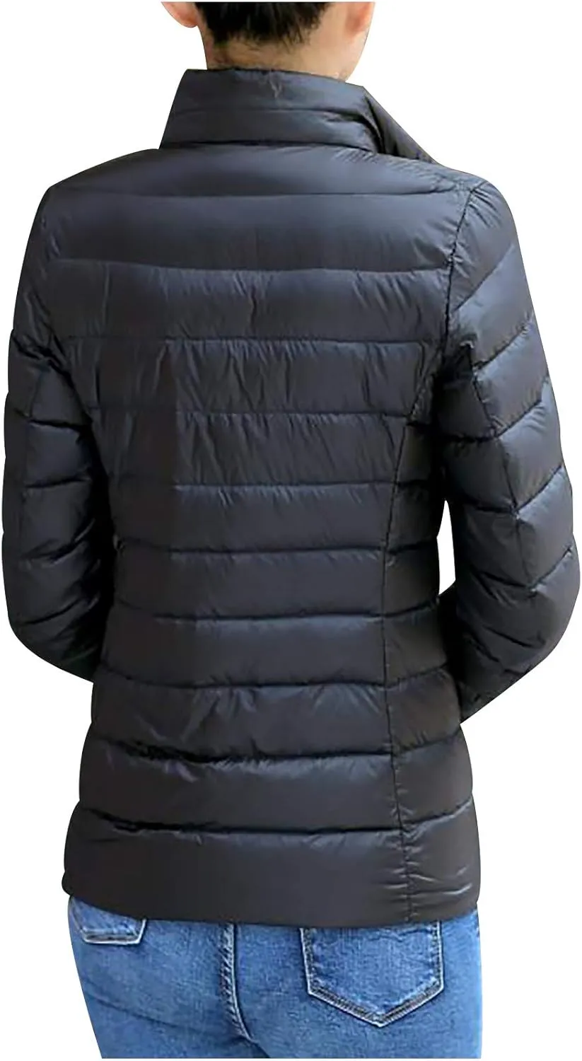 Women's Puffer Jacket Lightweight Stand Collar Coat Zip up down Jackets Winter Warm Outerwear with Pockets