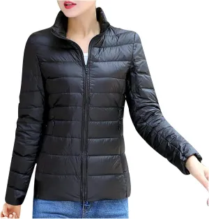 Women's Puffer Jacket Lightweight Stand Collar Coat Zip up down Jackets Winter Warm Outerwear with Pockets