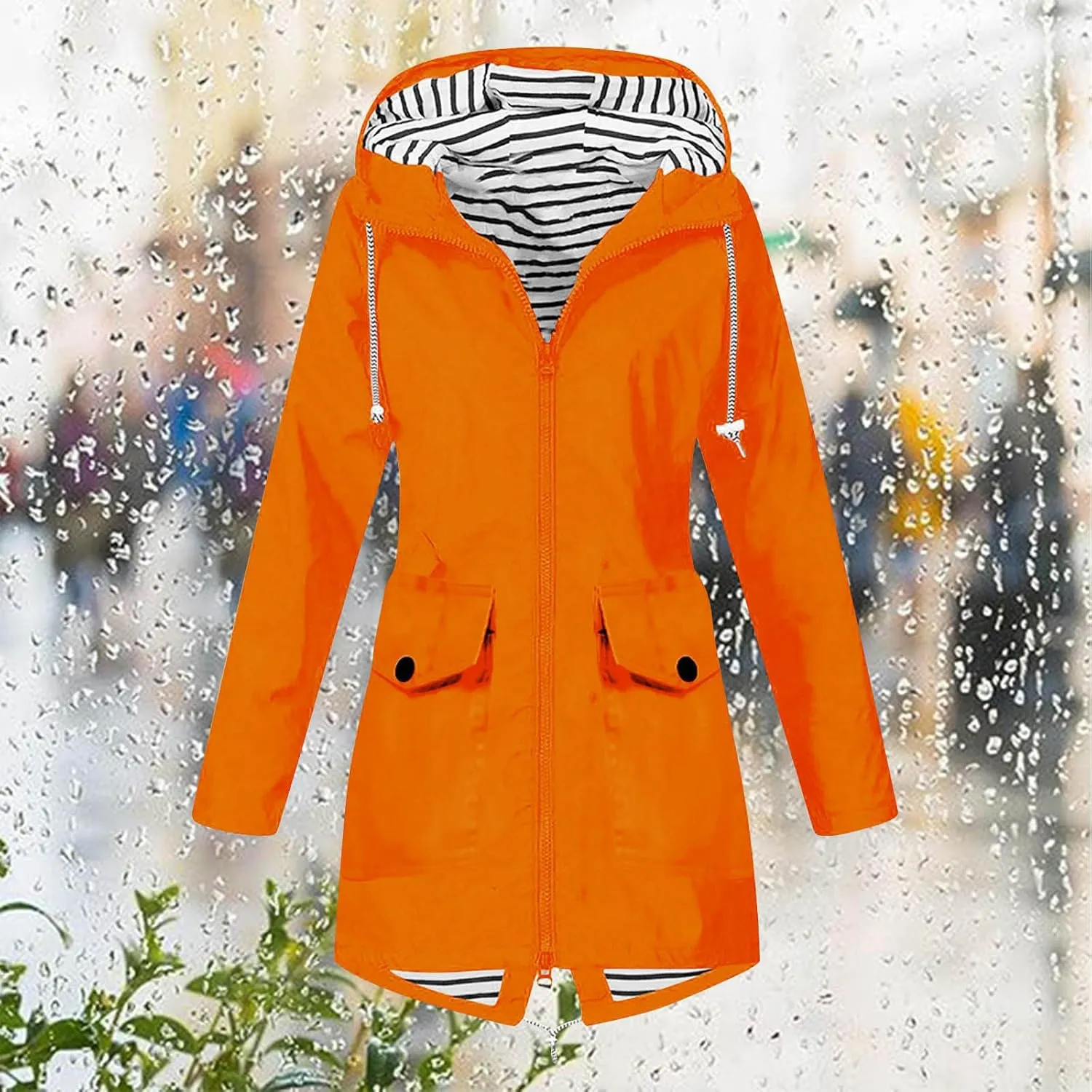 Womens Raincoat Fall Fashion Fit Waterproof Dressy Zip up Rain Jacket with Pockets Windbreaker Hooded Trench Coats