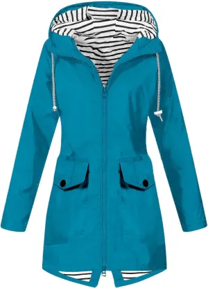 Womens Raincoat Fall Fashion Fit Waterproof Dressy Zip up Rain Jacket with Pockets Windbreaker Hooded Trench Coats
