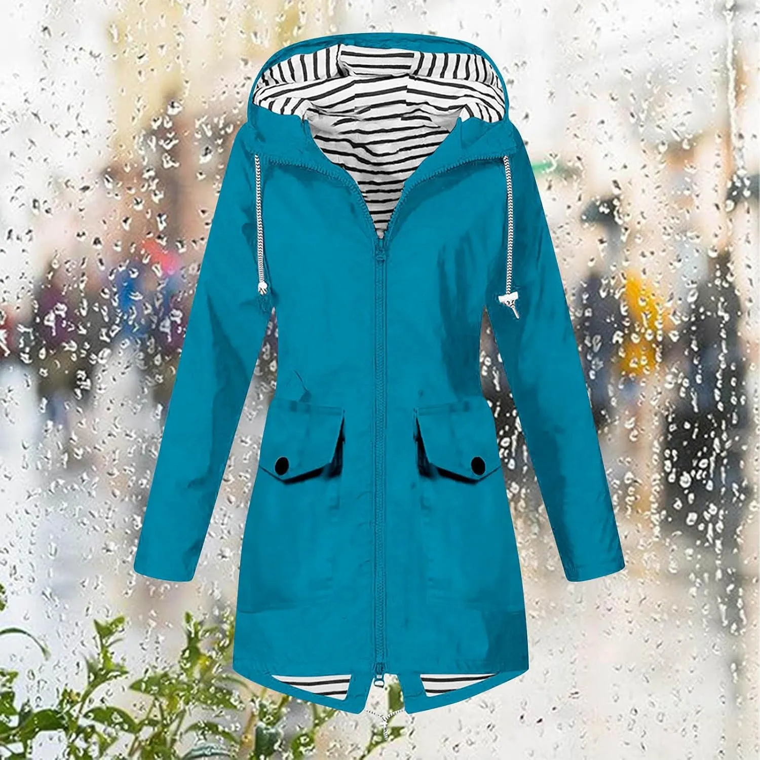 Womens Raincoat Fall Fashion Fit Waterproof Dressy Zip up Rain Jacket with Pockets Windbreaker Hooded Trench Coats