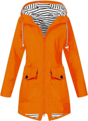 Womens Raincoat Fall Fashion Fit Waterproof Dressy Zip up Rain Jacket with Pockets Windbreaker Hooded Trench Coats