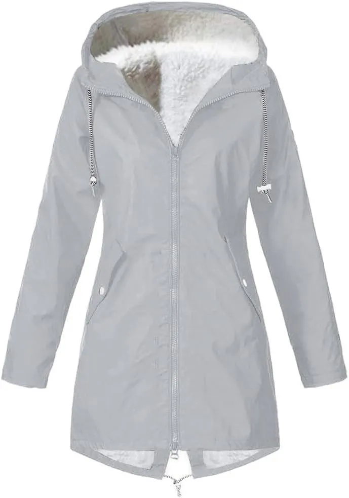 Women's Raincoats Fleece Lined Warm Winter Coats Long Sleeve Waterproof Rain Jackets Hooded Long Trench Coats