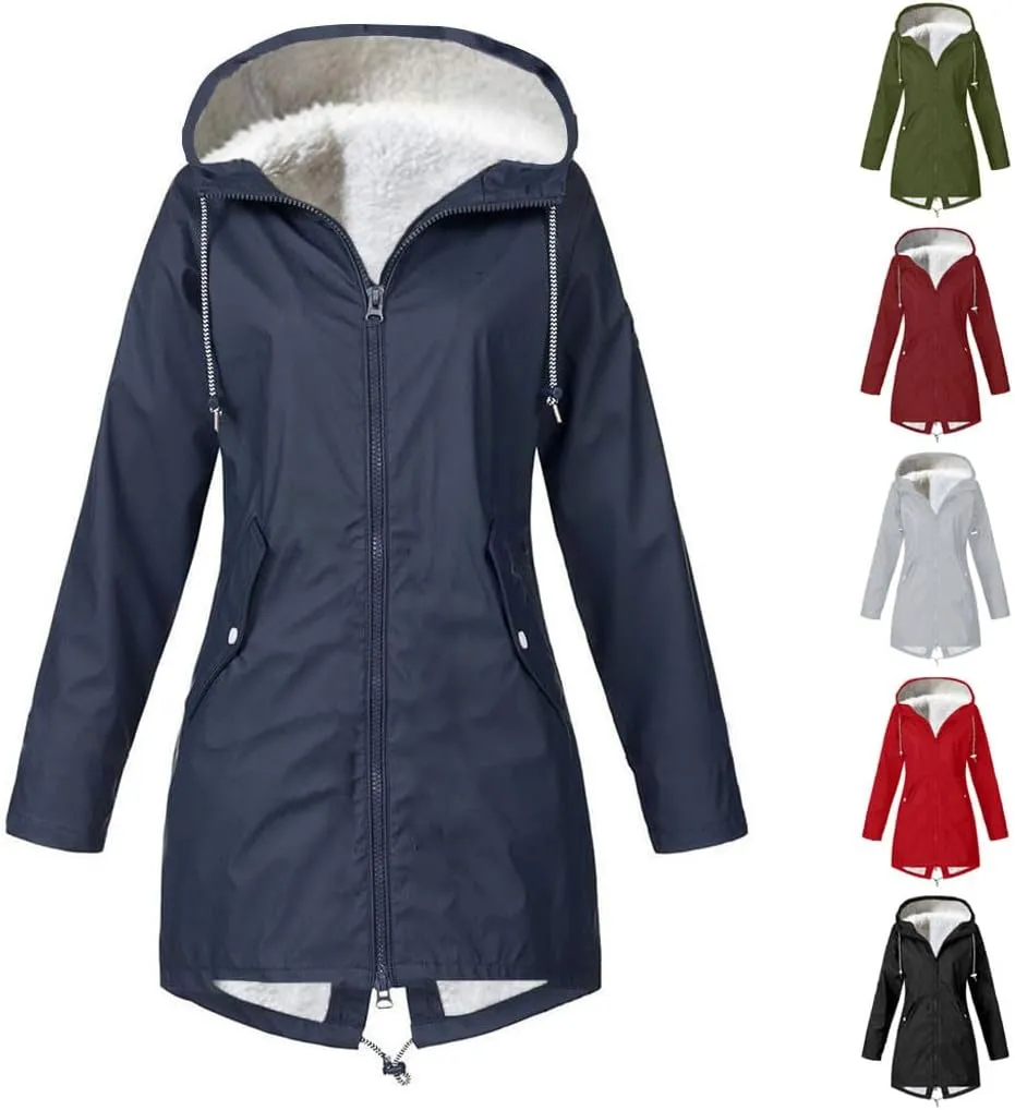 Women's Raincoats Fleece Lined Warm Winter Coats Long Sleeve Waterproof Rain Jackets Hooded Long Trench Coats