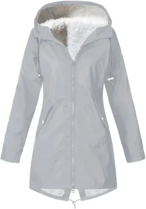 Women's Raincoats Fleece Lined Warm Winter Coats Long Sleeve Waterproof Rain Jackets Hooded Long Trench Coats
