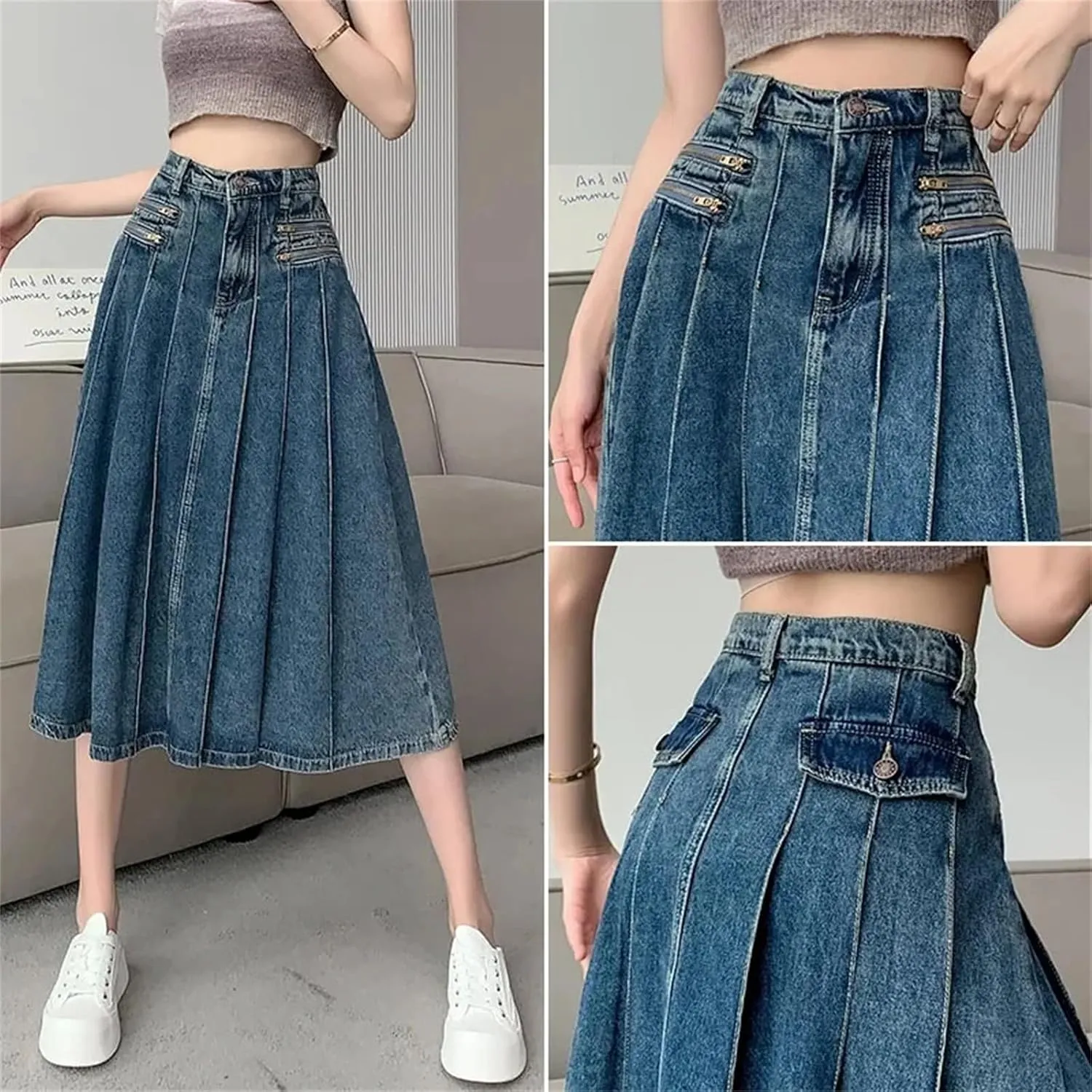 Women's Retro Pleated Denim Skirt Summer Spring Slim High Waisted A-Line Skirts Female Casual Wear
