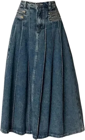 Women's Retro Pleated Denim Skirt Summer Spring Slim High Waisted A-Line Skirts Female Casual Wear