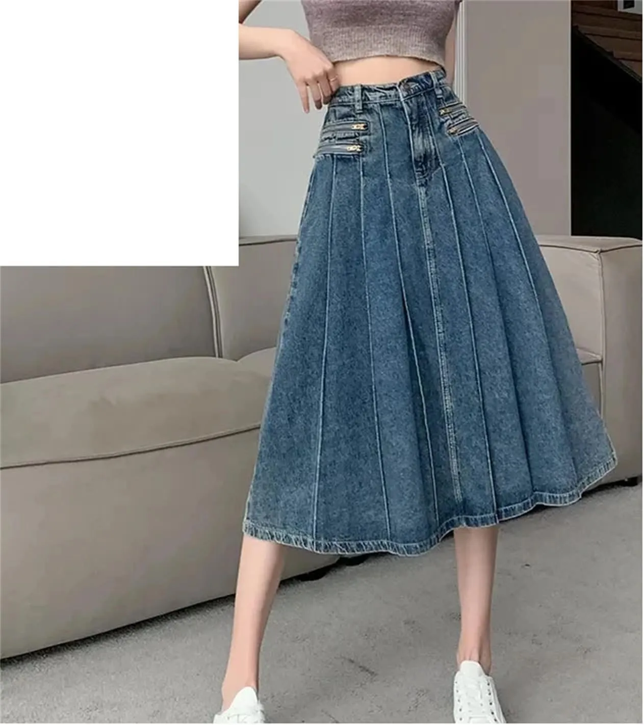 Women's Retro Pleated Denim Skirt Summer Spring Slim High Waisted A-Line Skirts Female Casual Wear
