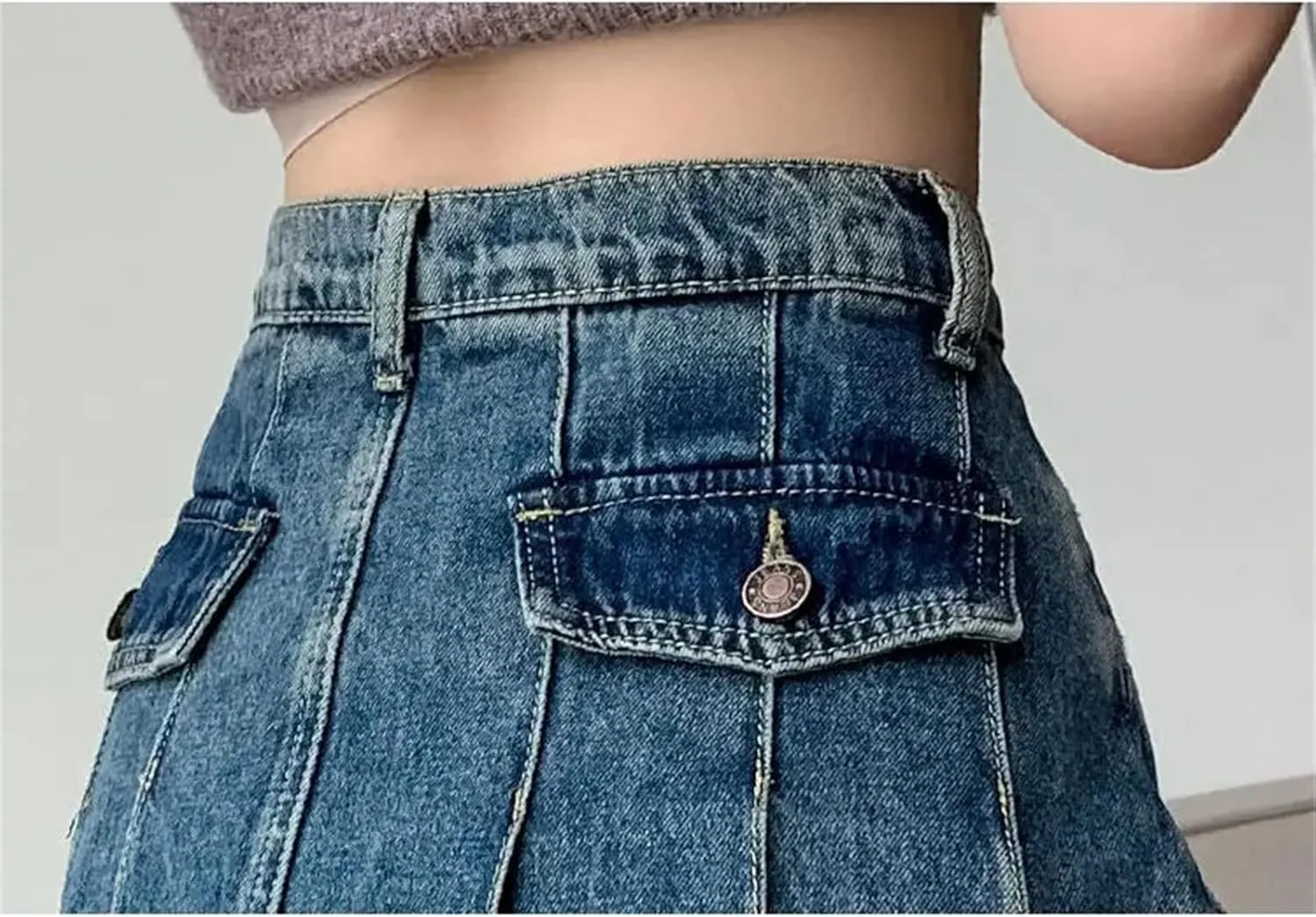 Women's Retro Pleated Denim Skirt Summer Spring Slim High Waisted A-Line Skirts Female Casual Wear