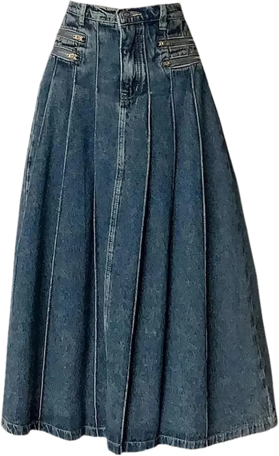 Women's Retro Pleated Denim Skirt Summer Spring Slim High Waisted A-Line Skirts Female Casual Wear