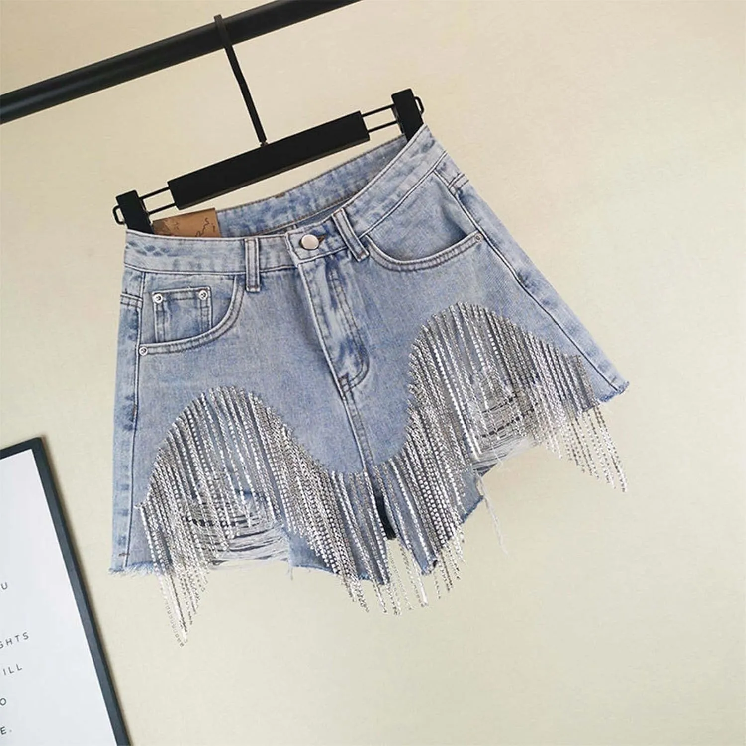 Women's Rhinestone Jean Shorts Tassel Chain A Line High Waisted Active Shorts Sexy Soft Party Night Out Rave Short