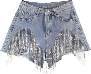 Women's Rhinestone Jean Shorts Tassel Chain A Line High Waisted Active Shorts Sexy Soft Party Night Out Rave Short