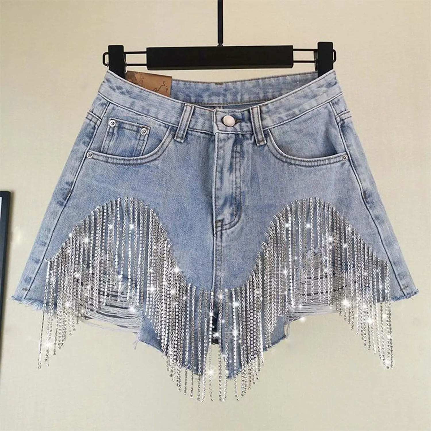 Women's Rhinestone Jean Shorts Tassel Chain A Line High Waisted Active Shorts Sexy Soft Party Night Out Rave Short