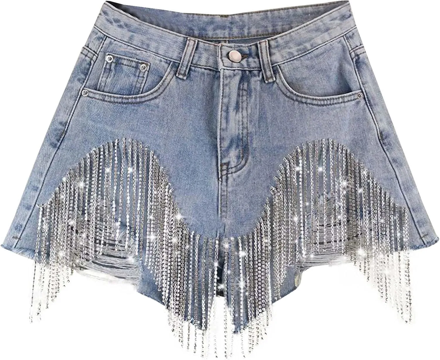 Women's Rhinestone Jean Shorts Tassel Chain A Line High Waisted Active Shorts Sexy Soft Party Night Out Rave Short