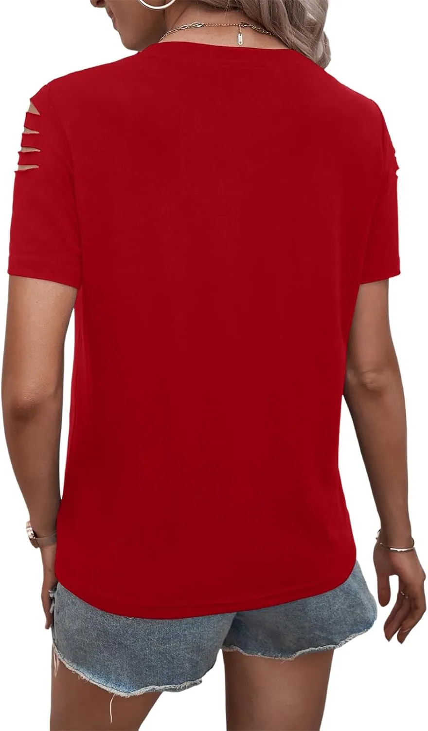 Women's Short Sleeve T Shirts Crew Neck Ripped Cut Out Summer Casual Basic Tees Tops