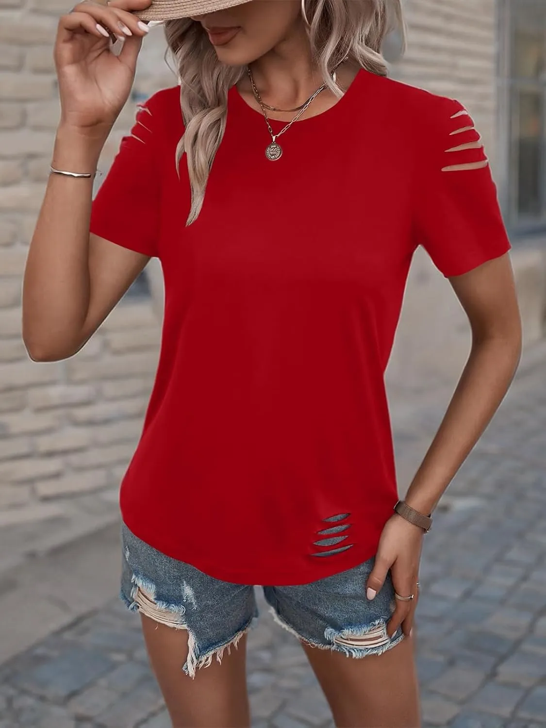 Women's Short Sleeve T Shirts Crew Neck Ripped Cut Out Summer Casual Basic Tees Tops