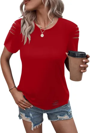 Women's Short Sleeve T Shirts Crew Neck Ripped Cut Out Summer Casual Basic Tees Tops