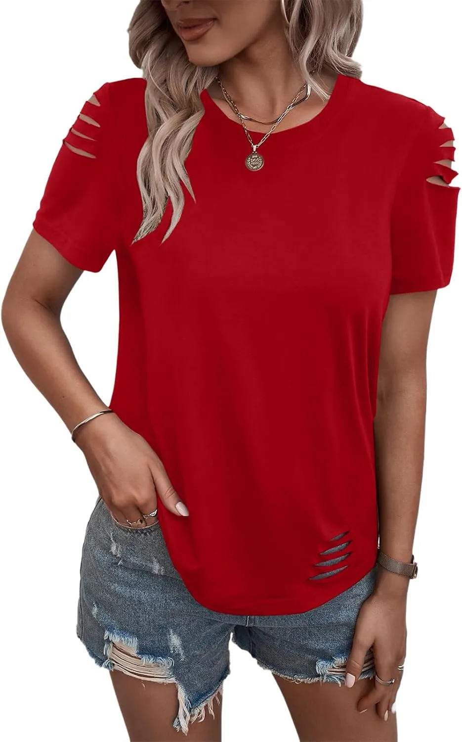 Women's Short Sleeve T Shirts Crew Neck Ripped Cut Out Summer Casual Basic Tees Tops