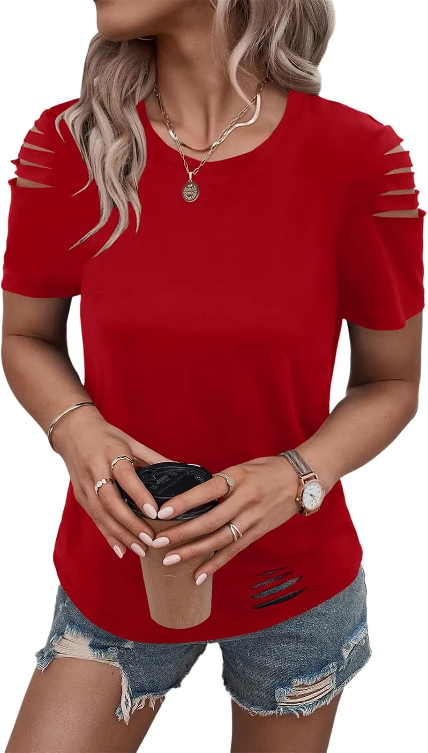 Women's Short Sleeve T Shirts Crew Neck Ripped Cut Out Summer Casual Basic Tees Tops
