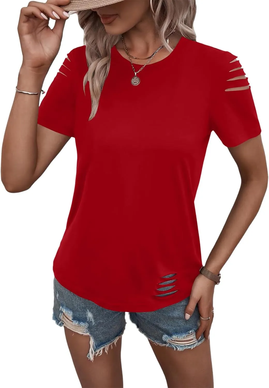 Women's Short Sleeve T Shirts Crew Neck Ripped Cut Out Summer Casual Basic Tees Tops