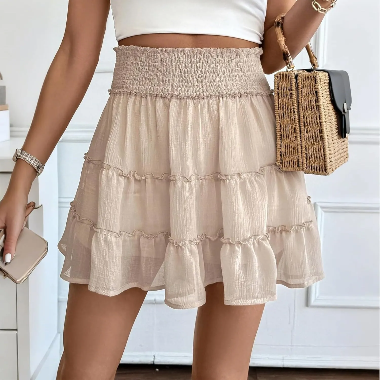 Women's Skater Skirt Basic Casual Chiffon High Waisted Ruffles Pleated Swing Mini Skirts, S-2XL
