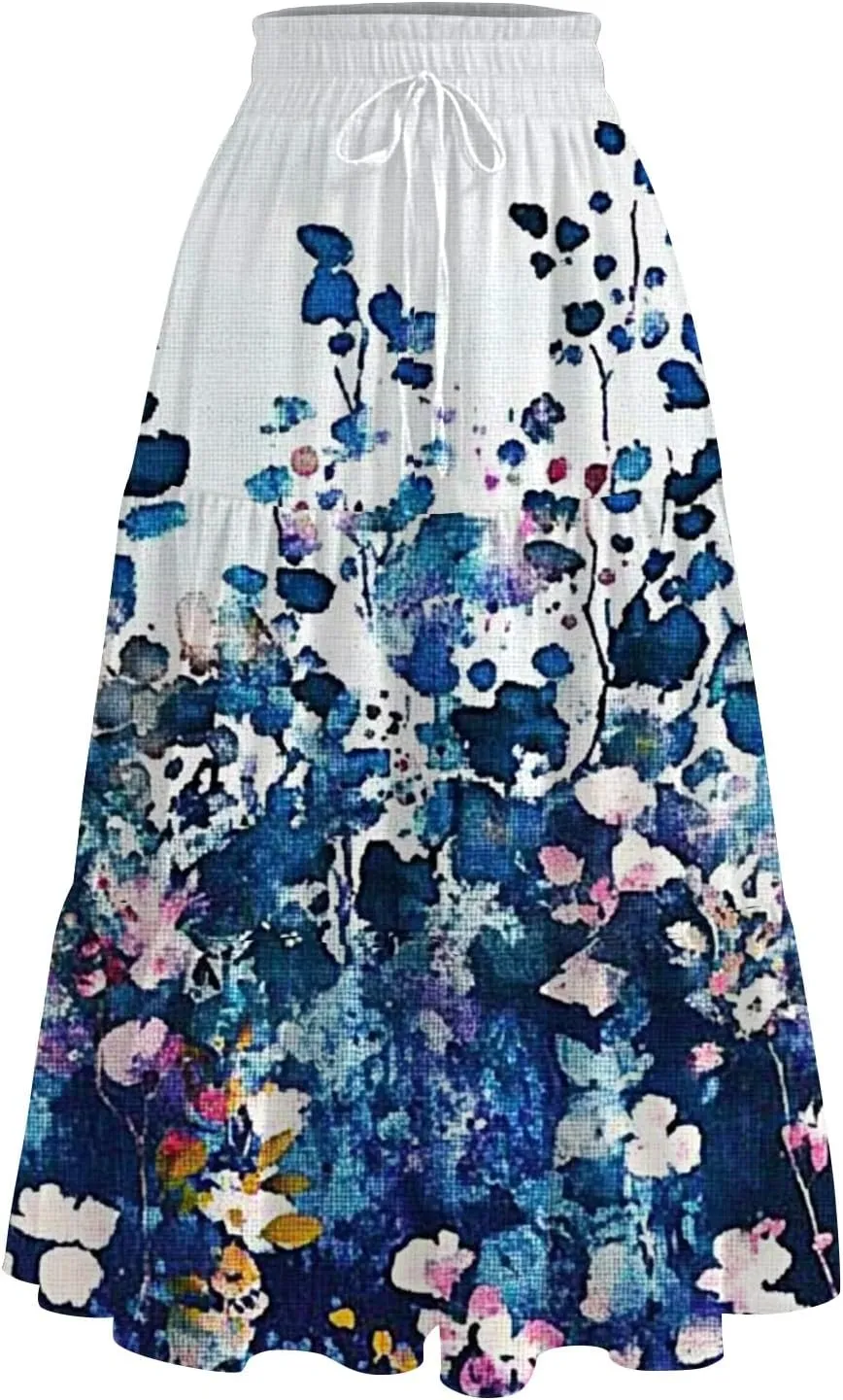 Women's Skirt 's 2025 Bohemian Ditzy Floral Printed Stretch Waist Midi Legth Skirt with Pockets, S-2XL