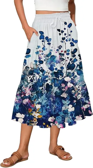 Women's Skirt 's 2025 Bohemian Ditzy Floral Printed Stretch Waist Midi Legth Skirt with Pockets, S-2XL