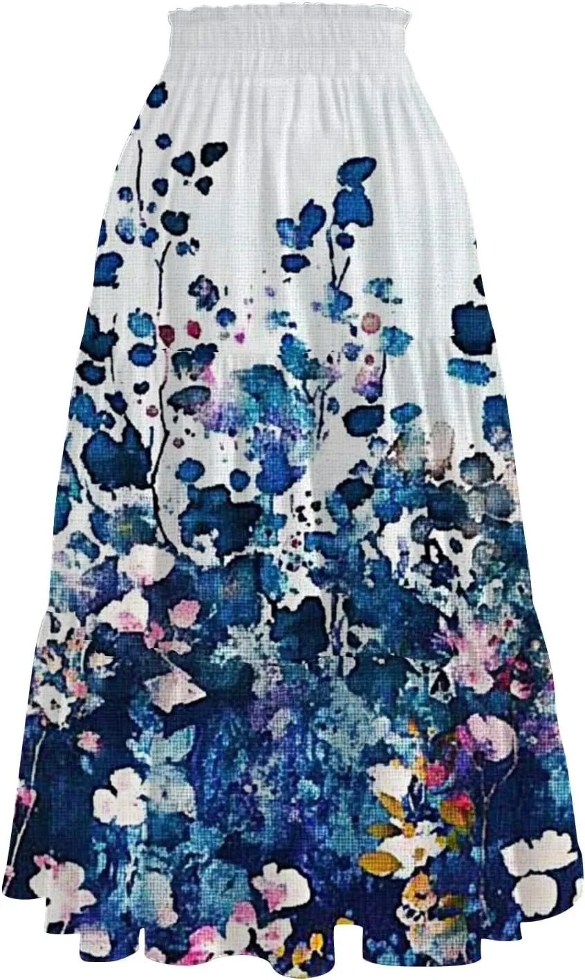 Women's Skirt 's 2025 Bohemian Ditzy Floral Printed Stretch Waist Midi Legth Skirt with Pockets, S-2XL
