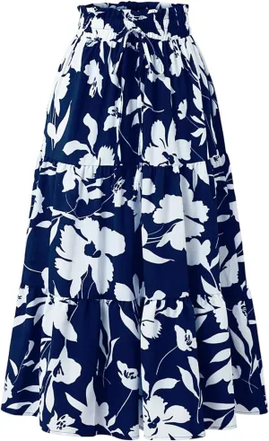 Womens Skirt Summer Drawstring High Waist Midi Skirt Work A-Line Floral Print Layered Tiered Ruffle Skirts Knee Length