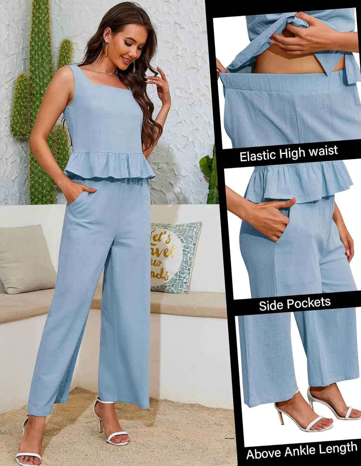 Women's Summer 2 Piece Outfits Crop Tank Top Wide Leg Pants Loose Tracksuits with Pockets S-XL