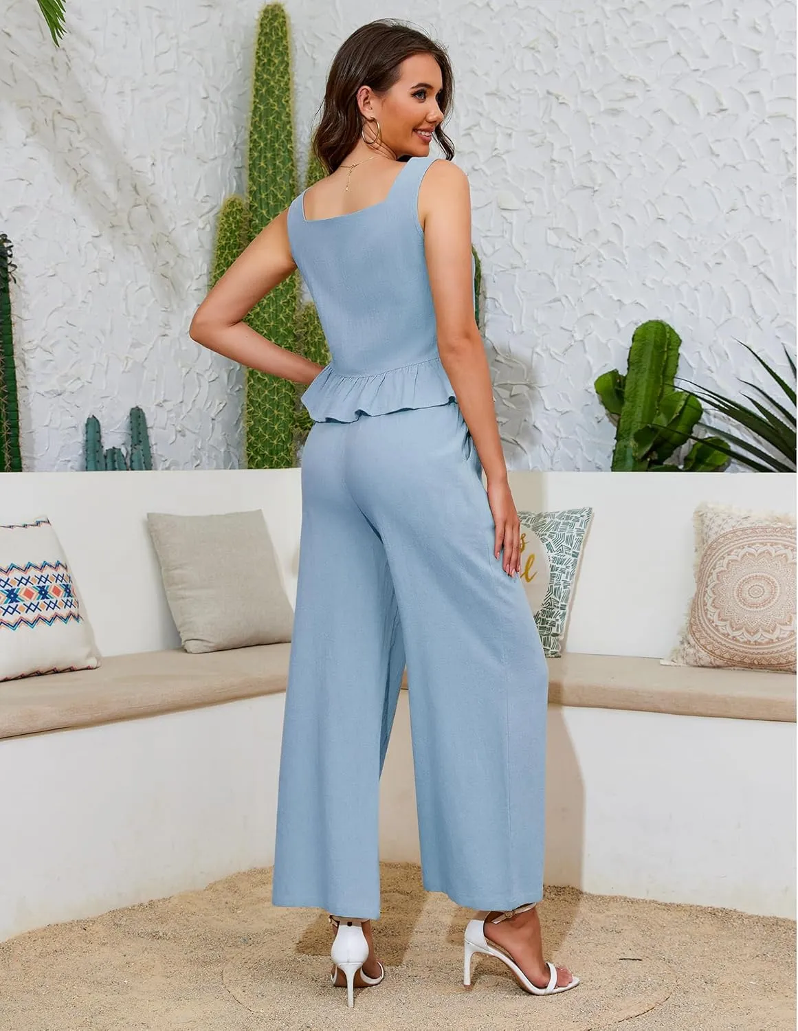 Women's Summer 2 Piece Outfits Crop Tank Top Wide Leg Pants Loose Tracksuits with Pockets S-XL