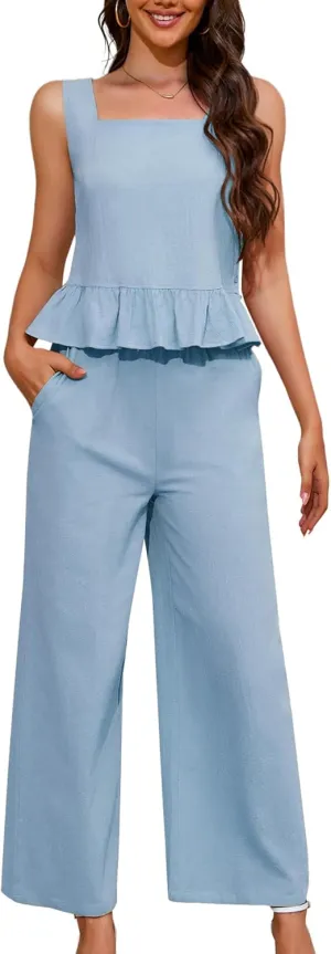 Women's Summer 2 Piece Outfits Crop Tank Top Wide Leg Pants Loose Tracksuits with Pockets S-XL