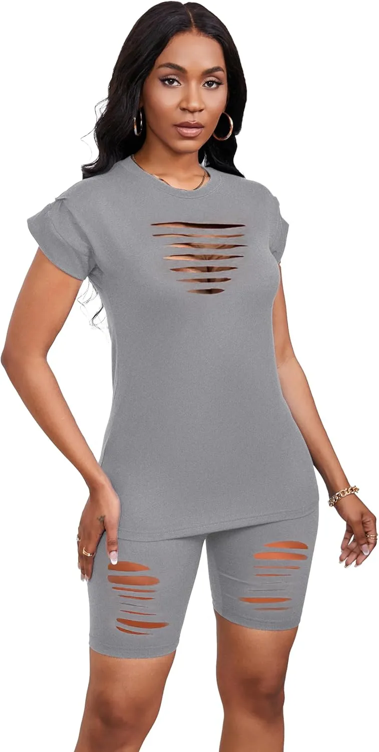 Women's Summer 2 Piece Outfits Tracksuits Biker Short Workout Jogger Sets