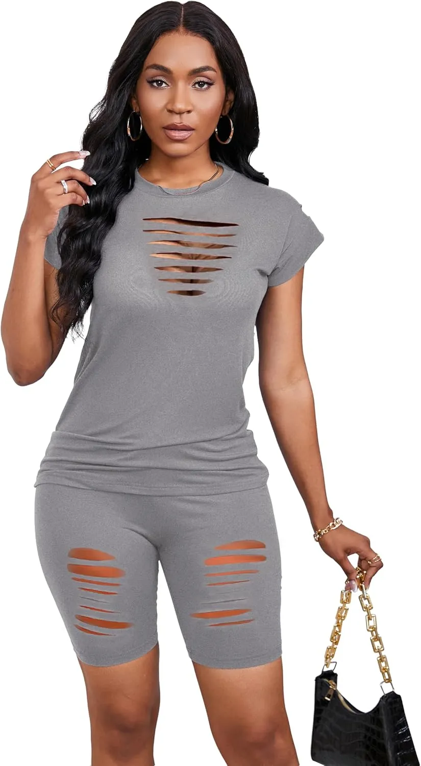 Women's Summer 2 Piece Outfits Tracksuits Biker Short Workout Jogger Sets