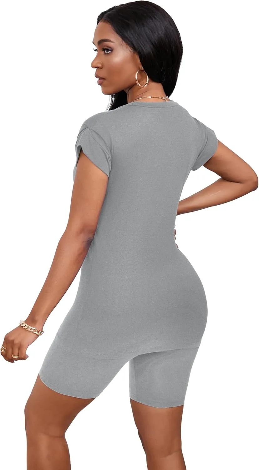 Women's Summer 2 Piece Outfits Tracksuits Biker Short Workout Jogger Sets