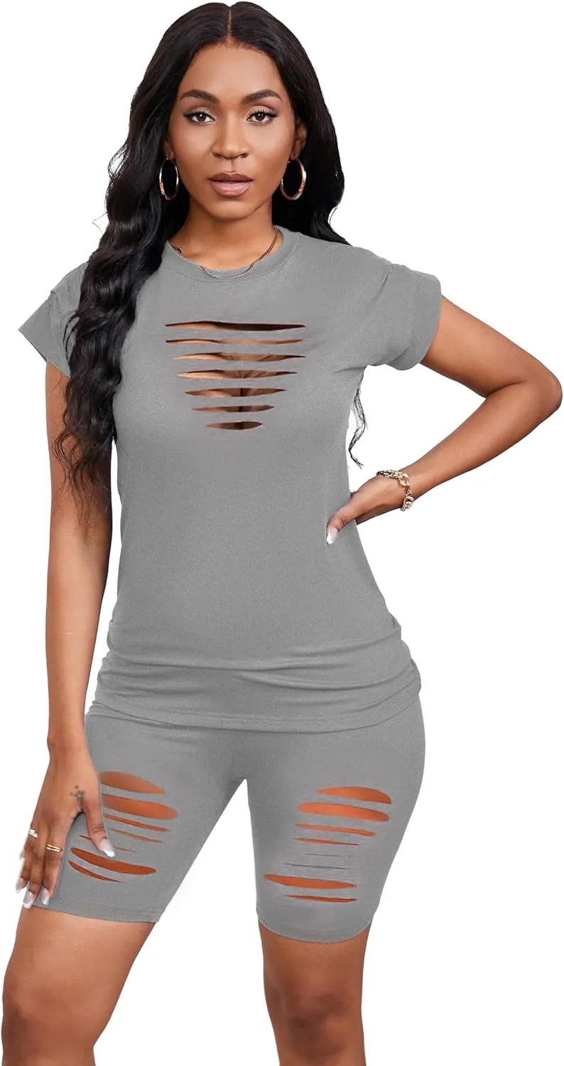 Women's Summer 2 Piece Outfits Tracksuits Biker Short Workout Jogger Sets