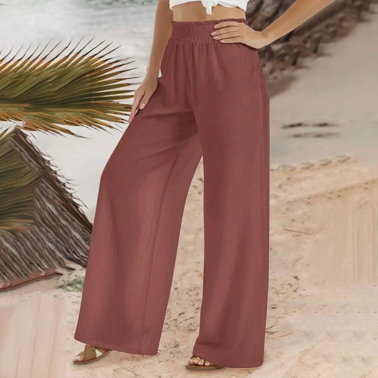 Womens Summer Boho Pants Business Casual Smocked 2025 High Waisted Trousers Summer Flowy Culottes with Pockets