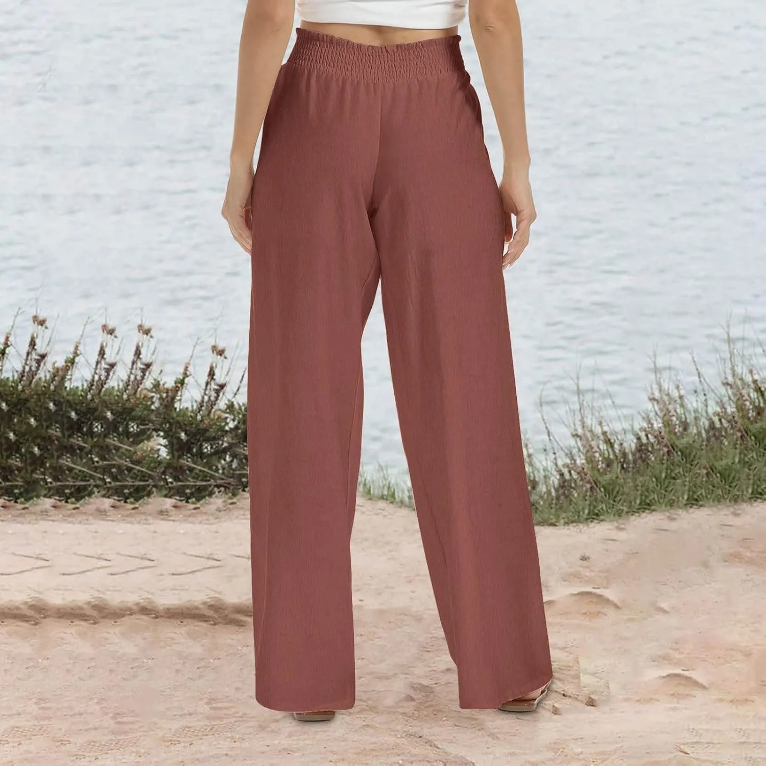 Womens Summer Boho Pants Business Casual Smocked 2025 High Waisted Trousers Summer Flowy Culottes with Pockets
