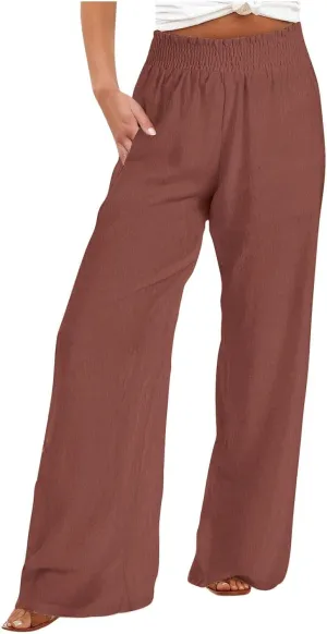 Womens Summer Boho Pants Business Casual Smocked 2025 High Waisted Trousers Summer Flowy Culottes with Pockets
