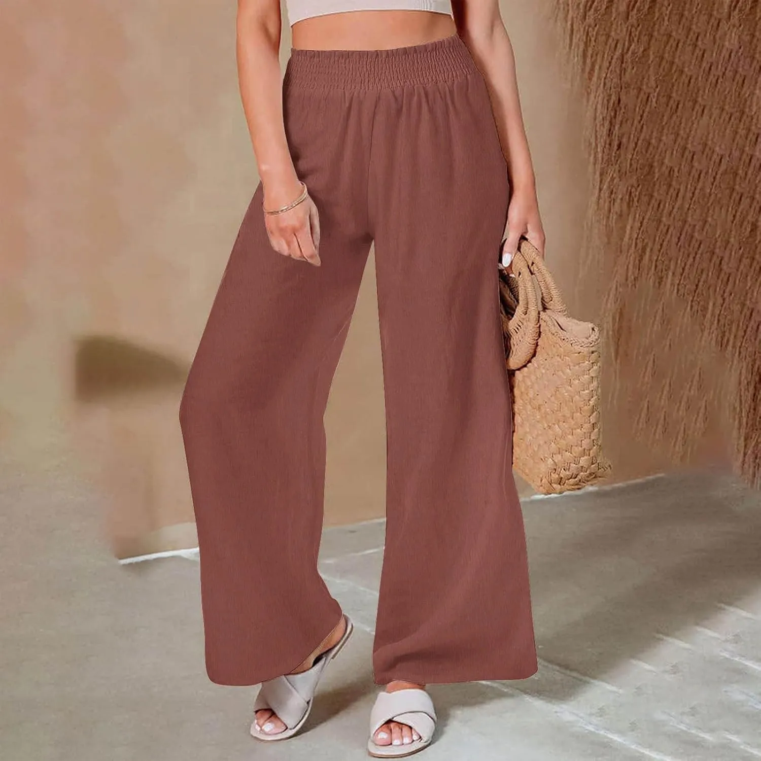Womens Summer Boho Pants Business Casual Smocked 2025 High Waisted Trousers Summer Flowy Culottes with Pockets