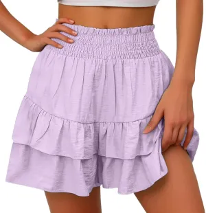 Women's Summer Cute Stretch Waist Solid Smocked Tiered Ruffle Swing Beach Mini Skirt 2025, S-2XL