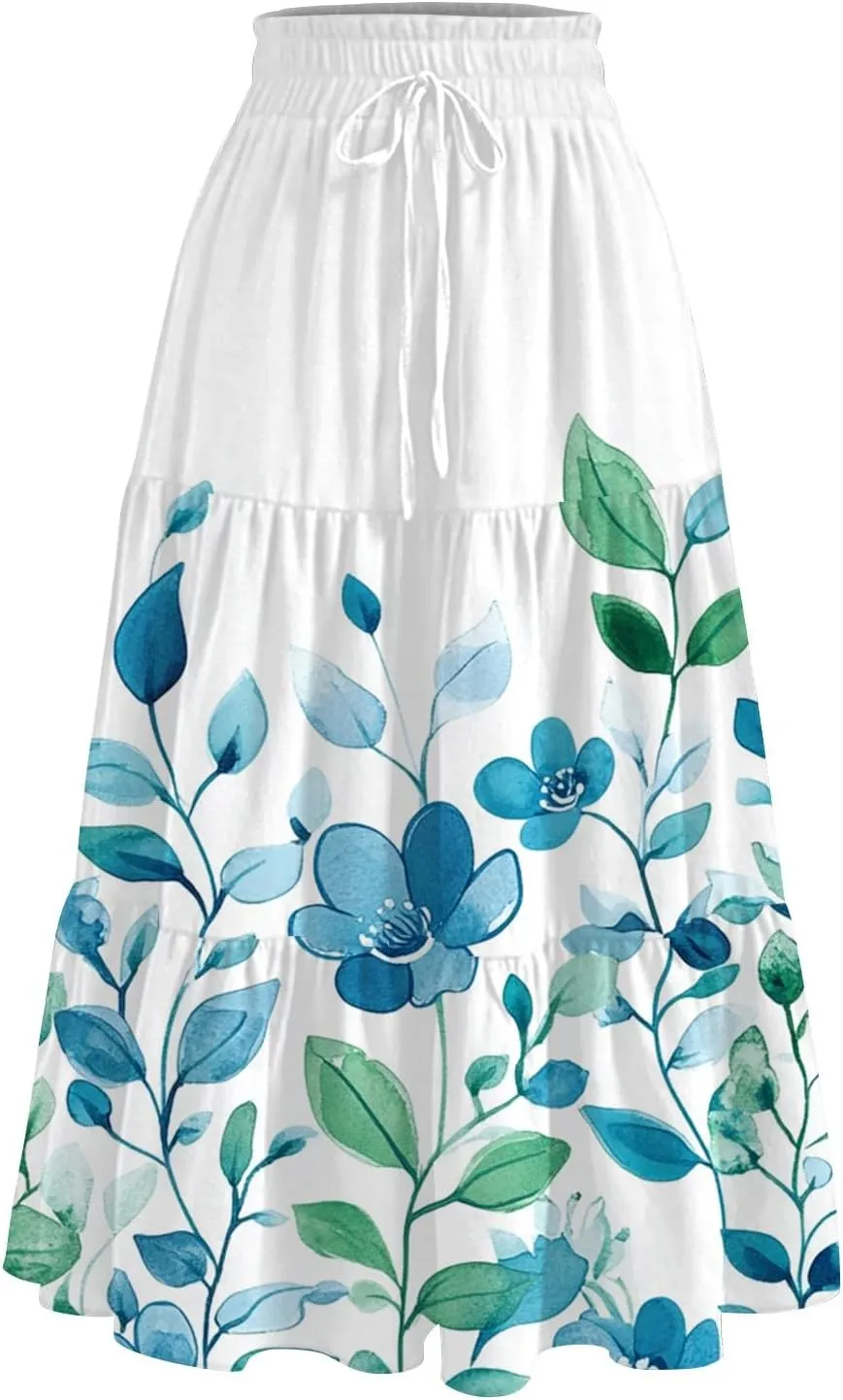 Women's Summer High Waist Tie Floral Print Boho Resort Midi Skirt with Pockets, S-2XL