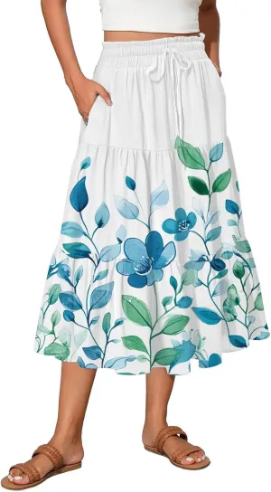 Women's Summer High Waist Tie Floral Print Boho Resort Midi Skirt with Pockets, S-2XL