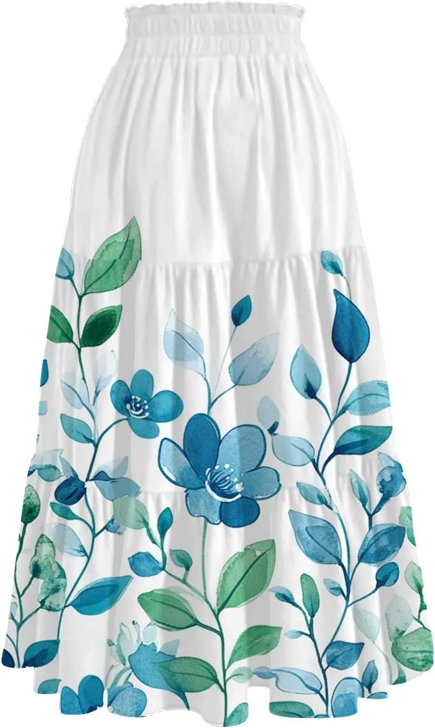 Women's Summer High Waist Tie Floral Print Boho Resort Midi Skirt with Pockets, S-2XL