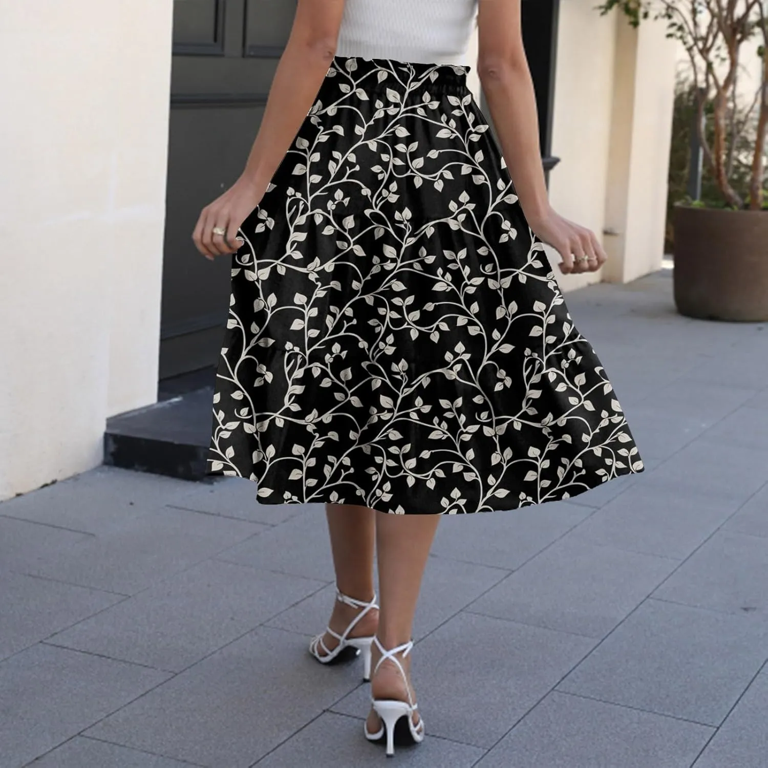 Women's Summer Skirt 2025 Ditzy Floral Print Skirt Boho Stretch High Waist Ruffle Hem Midi Skirts, S-XL