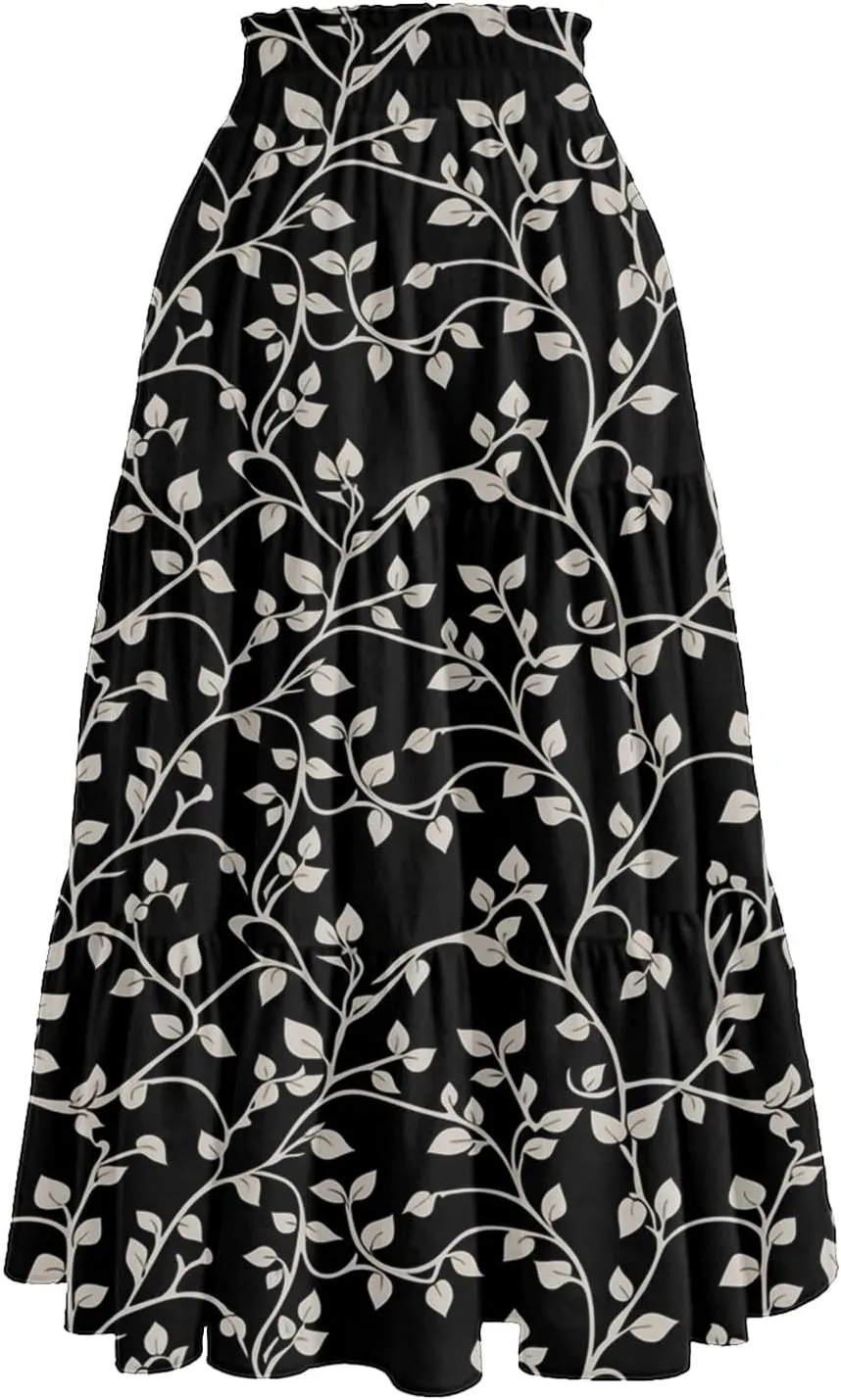 Women's Summer Skirt 2025 Ditzy Floral Print Skirt Boho Stretch High Waist Ruffle Hem Midi Skirts, S-XL
