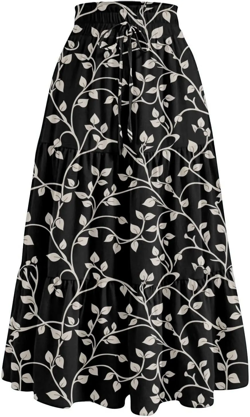 Women's Summer Skirt 2025 Ditzy Floral Print Skirt Boho Stretch High Waist Ruffle Hem Midi Skirts, S-XL