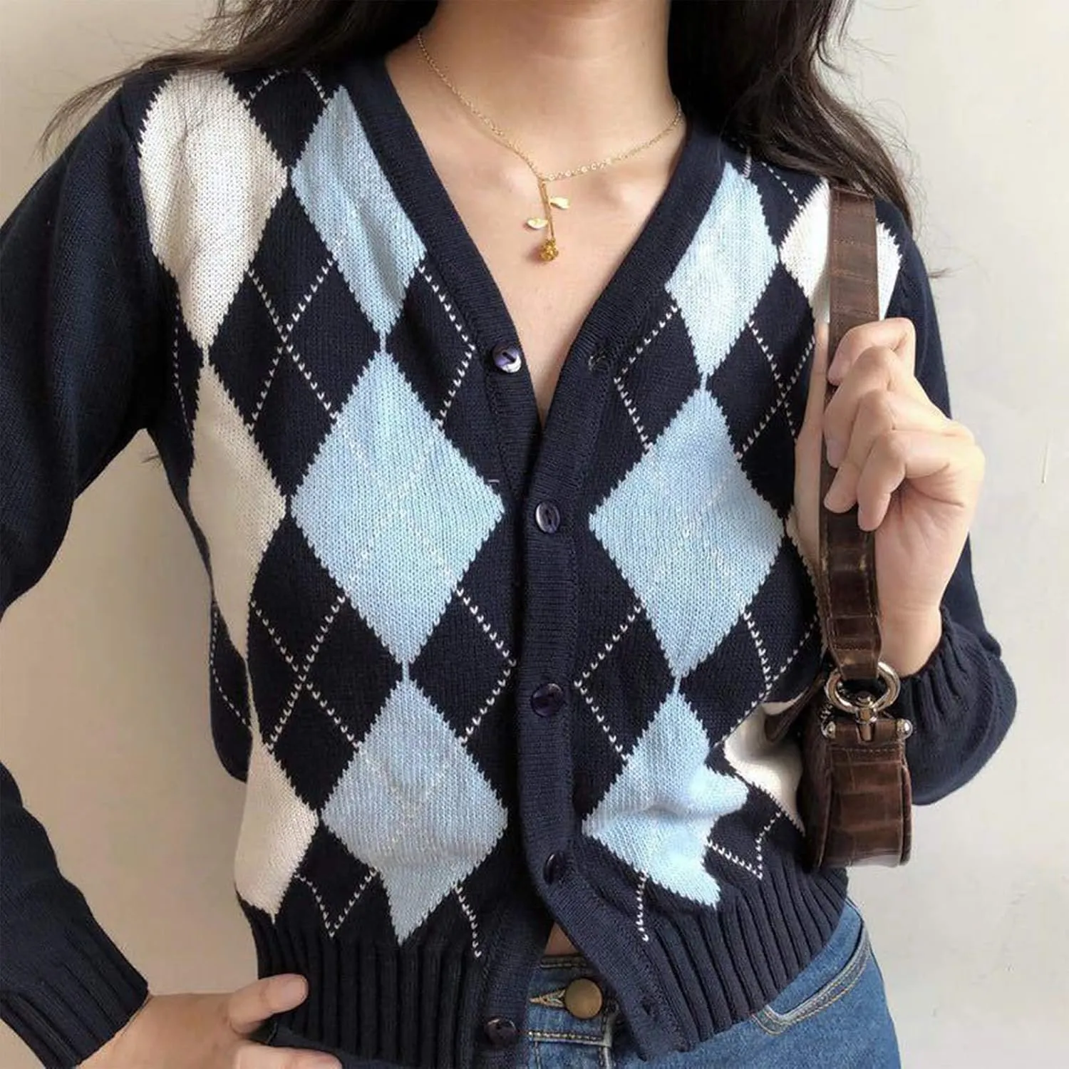 Womens Sweaters,Women Long Sleeve Knitted Cardigan Vintage Argyle Sweater Coat Button Down Crop Top Outwear