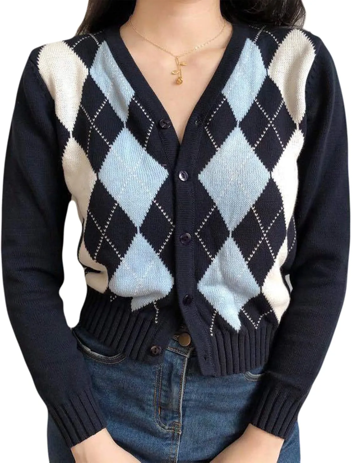 Womens Sweaters,Women Long Sleeve Knitted Cardigan Vintage Argyle Sweater Coat Button Down Crop Top Outwear
